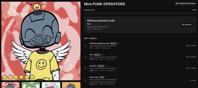 The image shows a "Mint Punk Operators" NFT minting page on a platform called Magic Eden, with an alert indicating "NOT ELIGIBLE" for several tiers including Persep0lis Holder Claim, GTO, and MilfCops, while a PepeGas Holder Claim is marked as available and sold out. The illustration features a punk-style character with angel wings, a gas mask, and a yellow shirt with a smiley face, alongside a five-star rating. This relates to the post by expressing that the user is "not eligible" to mint these NFTs despite them being on sale.