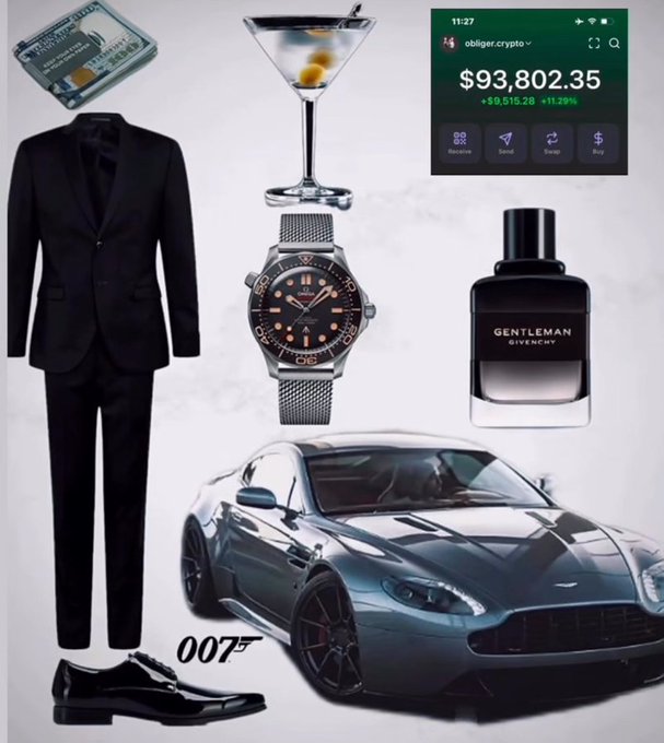 A luxury lifestyle collage featuring a circuit board, martini glass, black suit, Rolex watch, Givenchy Gentleman cologne, Aston Martin "007" car, dress shoes, and a phone screen showing an obiger.crypto portfolio valued at $93,802.35 (+11.29%).