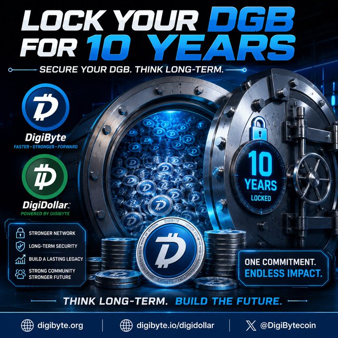 An advertisement for 'DigiByte' and 'DigiDollar' featuring a large vault with the text 'LOCK YOUR DGB FOR 10 YEARS' and 'THINK LONG-TERM. BUILD THE FUTURE.'