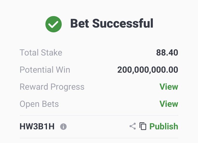 A "Bet Successful" confirmation screen displays a stake of 88.40 with a potential win of 200,000,000.00 under the identifier HW3B1H, highlighting the user's massive payout from their bet drop.