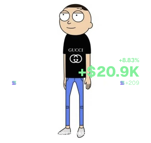 A cartoon character wearing a black Gucci t-shirt and blue pants stands next to a green "+$20.9K" gain display with "+8.83%" and "+209" shown, humorously illustrating a Reddit-style "WallStreetBets" flex showing a $20,900 memecoin trading profit despite a shorter trading day due to IRL commitments.