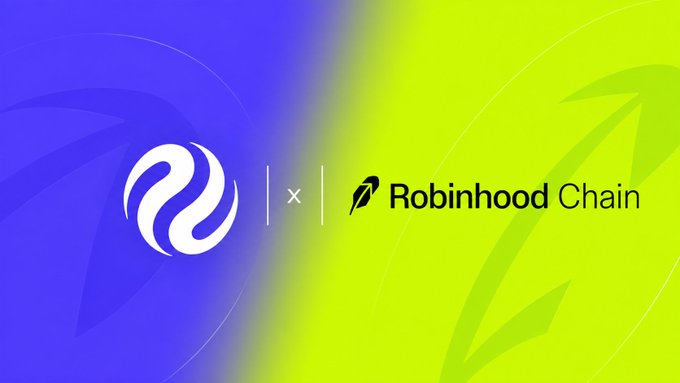 A promotional graphic featuring two logos separated by an 'x', with a blue-to-green gradient background, indicating a partnership with Robinhood Chain.