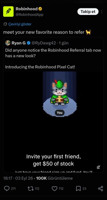 A Robinhood (CRYPTO: $ROBIN/$HOOD) tweet shows off a new "Pixel Cat" referral tab feature, where users can get $50 in stock for inviting friends. This appears directly related to the poster's warning, as Robinhood's official mascot is being misrepresented with a fake "Pixel Cat" token ticker rather than the legitimate $robincat.