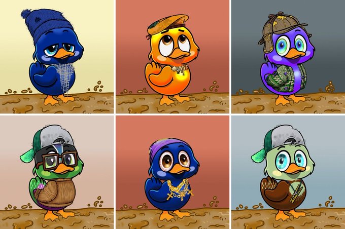 A grid of six cartoon duck characters in various colors and outfits, including ones wearing beanies, glasses, and a detective hat, each standing on mud.