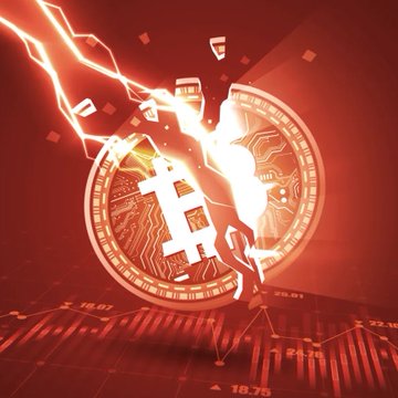 A glowing Bitcoin coin is shown shattering with red lightning bolts and falling pieces against a dark red background featuring a downward-trending price chart with values like 18.67, 19.51, and 19.75. The imagery visually reinforces the Kalshi prediction data suggesting a 57% probability of $BTC dropping below $55,000 this year, using the cracked coin and bearish market chart to symbolize potential crypto decline.