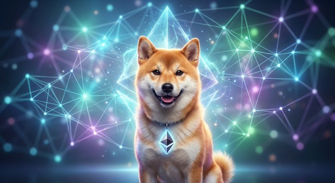 A digital artwork featuring a Shiba Inu dog wearing an Ethereum (ETH) pendant, set against a colorful cosmic background with glowing network node patterns.