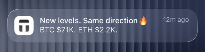 A Tangem wallet notification displays the message "New levels. Same direction 🔥 BTC $71K. ETH $2.2K." posted 12 minutes ago, highlighting Tangem's tap-to-access convenience with no cables or seed phrase setup, as referenced in the accompanying post about tracking crypto holdings on the Tangem wallet.