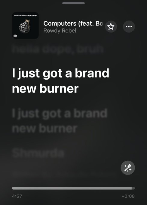 A music streaming app showing the song 'Computers (feat. Bo...)' by Rowdy Rebel playing, with the lyrics 'I just got a brand new burner' and 'Shmurda' displayed on screen at timestamp 4:57.