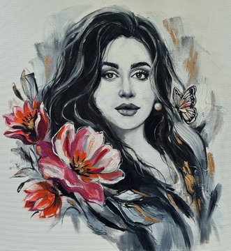 An artistic portrait painting of a young woman with long dark hair, rendered in grayscale, surrounded by vibrant pink and red flowers and a small butterfly against a textured light background.