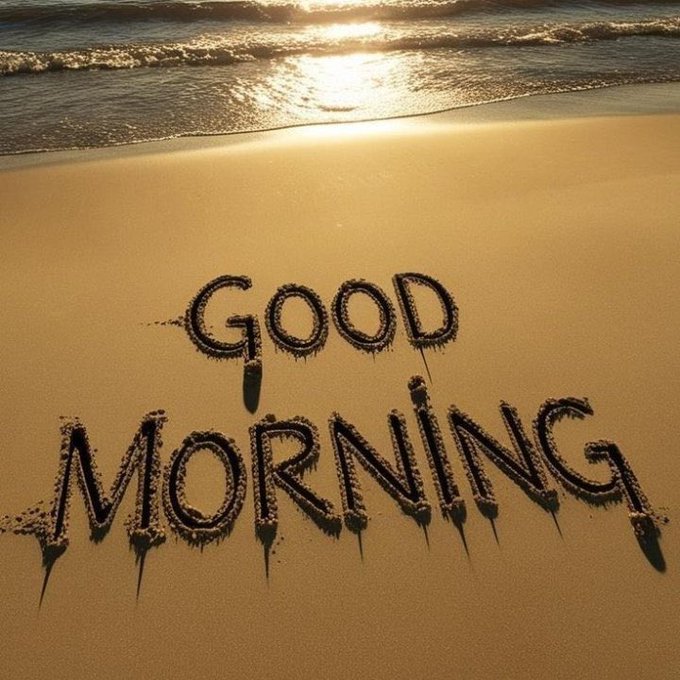 The image features a beach scene where the words "Good Morning" are written in the sand, creating an artistic and unique way to convey a positive message or greeting for the day ahead. The text is positioned at the center of the image, drawing attention to its presence on the sandy surface. This creative approach to communication can be seen as a form of digital art that combines traditional elements with modern technology.