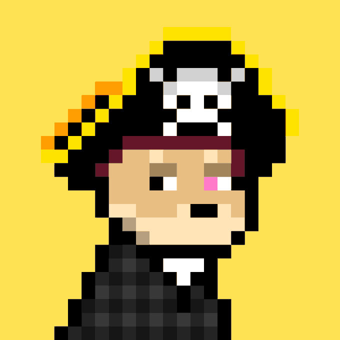 Pixel art portrait of a pirate character wearing a black hat with a white skull and crossbones design against a bright yellow background.