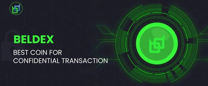 A promotional banner for 'BELDEX' featuring a green circular logo design, with the text 'BEST COIN FOR CONFIDENTIAL TRANSACTION' on a dark background.