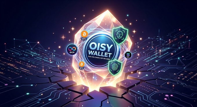 A glowing crystalline shield labeled "OISY WALLET 100% ON-CHAIN | ICP SECURED" rises from a fractured circuit board landscape, surrounded by floating icons representing supported chains like BTC, SCP, and security features including FaceID and biometrics. The image visually reinforces the post's emphasis on seamless, browser-based multichain custody secured by FaceID/passkeys across $BTC, $ETH, $SOL, and $ICP.