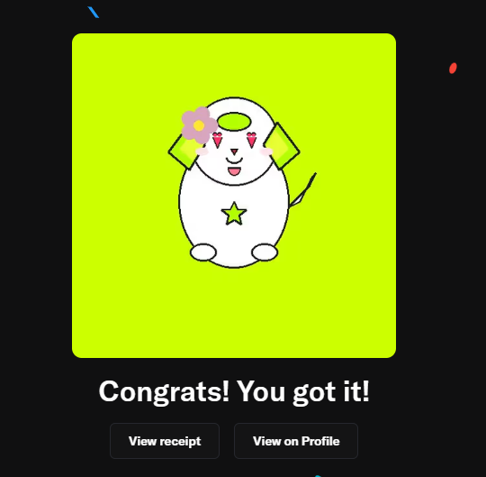 A bright yellow and black screen with a cartoon character showing hearts in its eyes, displaying the text 'Congrats! You got it!' with buttons for 'View receipt' and 'View on Profile'.