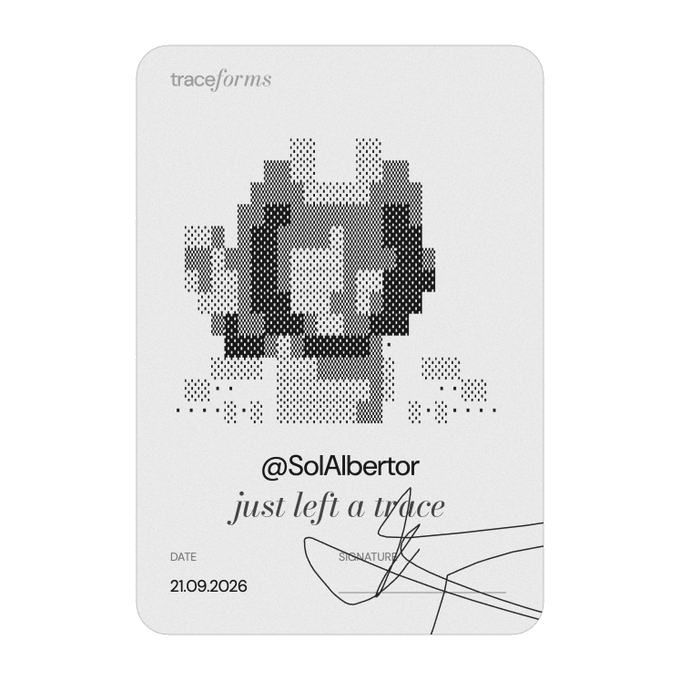 A white card titled 'traceforms' features a black dotted portrait illustration, the handle '@SolAlberto', the phrase 'just left a trace', a signature, and the date '21.09.2026'.