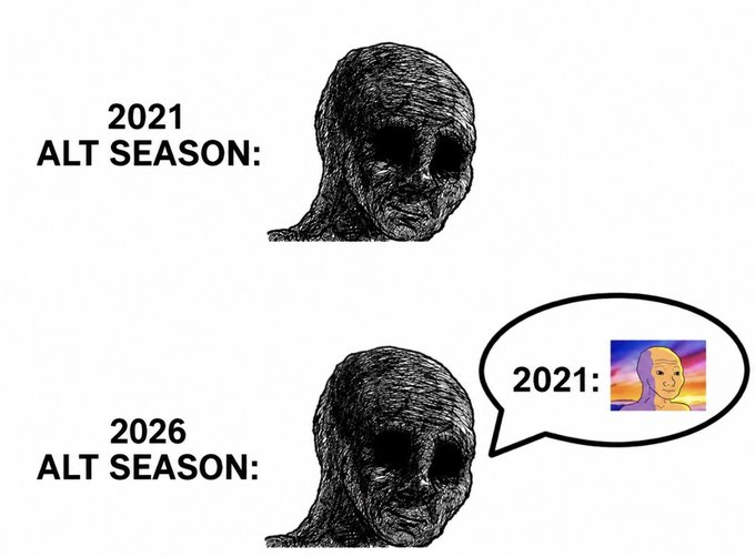 A meme comparing '2021 ALT SEASON' and '2026 ALT SEASON' using the faceless Wojak figure, showing the 2026 version finally responding with a '2021:' speech bubble containing the 'WAGMI' wojak.