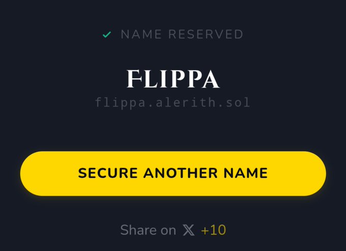 The image shows a website called "flippa.alerith.sol" with an active status, indicating that it is open for viewing. The website's name has been reserved as #snsreserved. This means that users can reserve the character name flippa and store it in their account on SNS. It also includes a button to enable another name sharing feature, allowing users to share their name with others. Additionally, there is a text box providing information about the service and how to use it effectively within a contact browser window.
