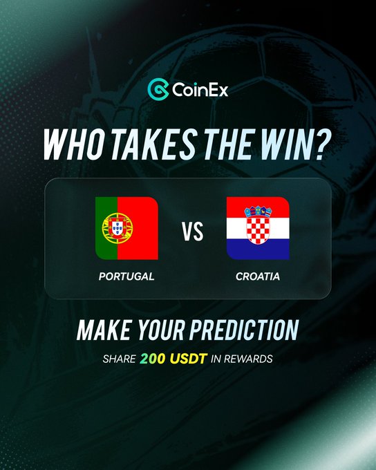 A CoinEx promotional graphic featuring the Portugal and Croatia flags with "WHO TAKES THE WIN?" and "MAKE YOUR PREDICTION" text, offering users a chance to share 200 USDT in rewards by predicting the match outcome. The dark background with a soccer ball motif visually reinforces the World Cup prediction challenge theme mentioned in the accompanying post.