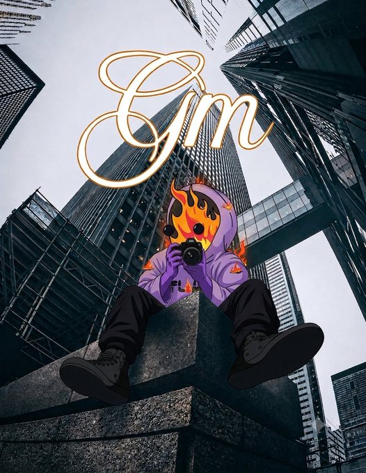 A stylized illustration of a figure in a purple flame hoodie holding a camera, sitting on a ledge in an urban cityscape with the word 'Gym' written in glowing gold script above.