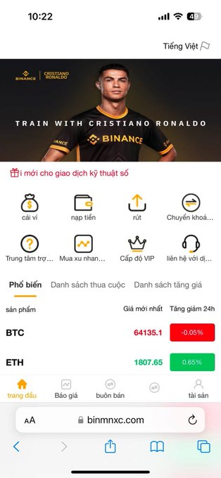A Vietnamese-language mobile view of the Binance app homepage features a 'Train with Cristiano Ronaldo' promotion banner, showing BTC at 64135.1 and ETH at 1807.65.