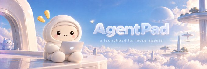 A whimsical banner for "AgentPad - a launchpad for muse agents" features a cute white mascot character with a hood sitting on a laptop amid dreamy clouds and futuristic structures under a pastel sky.