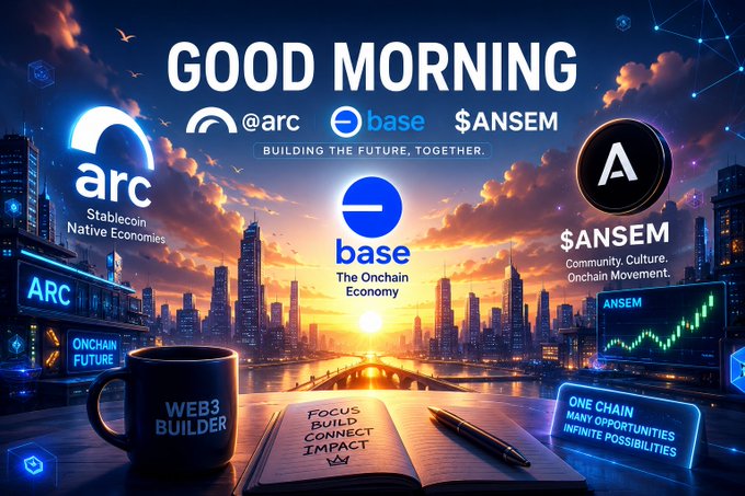 A 'Good Morning' graphic featuring logos and text for 'arc - Stablecoin Native Economies', 'base - The Onchain Economy', and '$ANSEM - Community Culture, Onchain Movement', set against a city sunrise background with a notebook listing 'Focus, Build, Connect, Impact'.