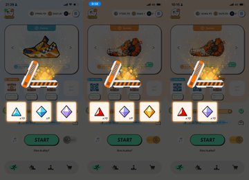 Three identical smartphone screenshots show a mobile app with shoes being roasted on a spit, a shopping cart icon, a START button, and three diamond icons at the bottom of each screen.