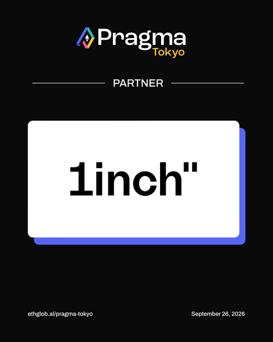 A 'Pragma Tokyo' partner card highlighting '1inch' as a featured sponsor, dated September 26, 2026.