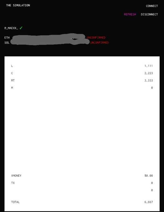 A wallet dashboard titled 'THE SIMULATION' showing a connected account @_MAEXX_ with ETH and SOL chains (addresses redacted) and a total balance of 6,667 in L, C, RT, M tokens.