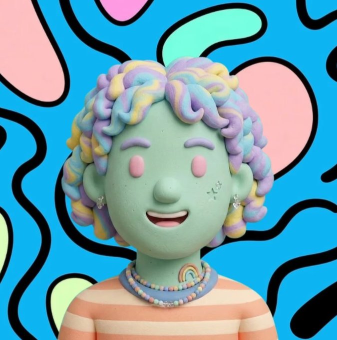 A colorful 3D sculpted figure with mint-green skin, pink blush, and pastel rainbow curly hair smiles brightly, wearing a striped shirt and a beaded necklace with a rainbow pendant.