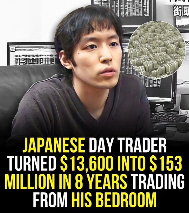 A YouTube-style thumbnail showing a young Japanese man with text reading 'JAPANESE DAY TRADER TURNED $13,600 INTO $153 MILLION IN 8 YEARS TRADING FROM HIS BEDROOM,' featuring a circular inset of stacked cash.
