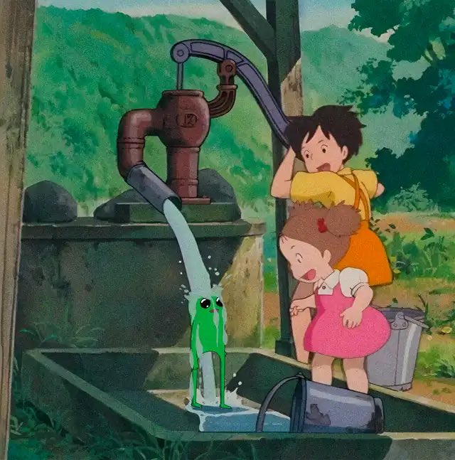 An animated illustration of two children watching a small green creature drink from a stream of water flowing from an old hand pump, in a style reminiscent of Studio Ghibli's 'My Neighbor Totoro'.