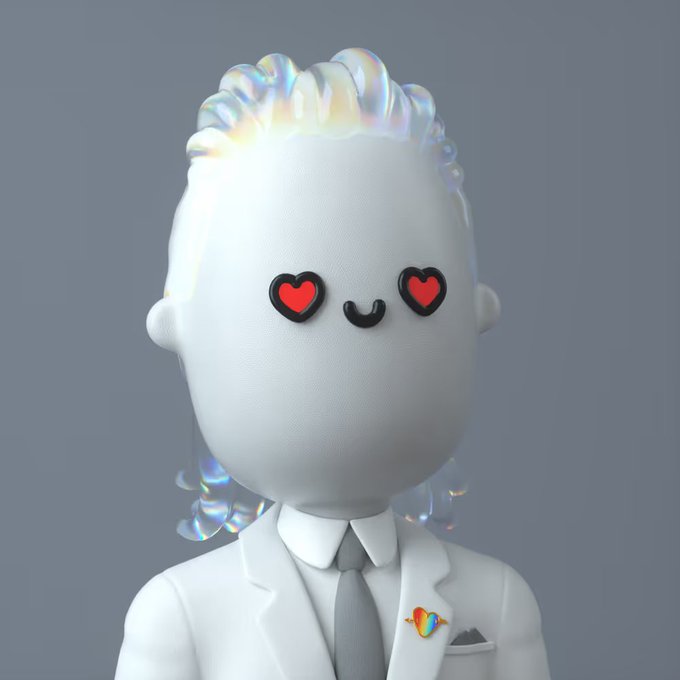 A 3D render of a white, stylized character with iridescent hair wears a white suit and gray tie, featuring cartoon heart-shaped eyes, a small smile, and a heart-shaped pin on the lapel.