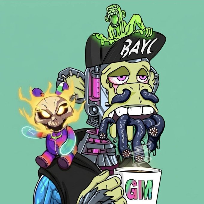 Digital artwork featuring a Bored Ape-style NFT character wearing a 'BAYC' cap and smoking, accompanied by a flaming skull figure and holding a mug that says 'GM'.