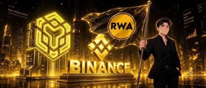 A promotional Binance graphic featuring a man in a suit holding an 'RWA' (Real World Assets) flag, with golden Binance branding and the tagline 'TOKENIZE OWN THE FUTURE.'