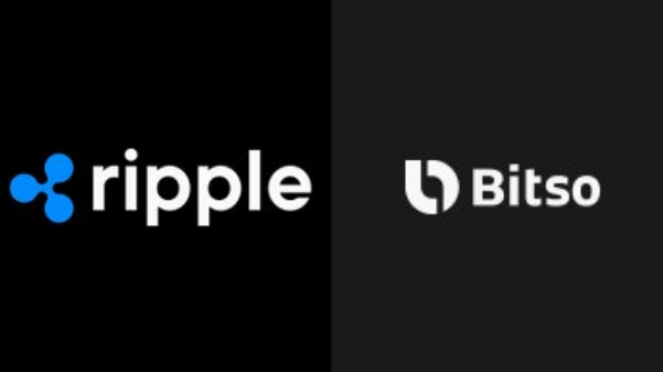 The image features two logos side by side, one for Ripple and another for Bitso. Both logos are black against a white background. The Ripple logo has blue letters spelling out "RIPPLE" while the Bitso logo has white letters spelling out "BITSO". The text on both logos reads "RIPPLE" followed by "bitso", indicating that they are related to cross border payments and the Bitso logo is associated with the Ripple cryptocurrency.