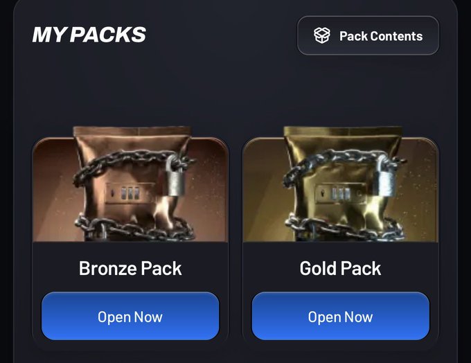 The image shows a "MY PACKS" digital interface displaying two secured packages—a "Bronze Pack" on the left and a "Gold Pack" on the right—each wrapped in chains with padlocks and featuring blue "Open Now" buttons, plus a "Pack Contents" button at the top.

This appears to relate to the post by showcasing Vault's virtual pack opening feature, likely highlighting the rewards system the ambassador is promoting as part of their partnership.