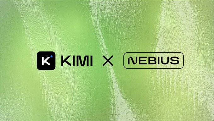 The image features logos for "KIMI" and "NEBIUS" (ticker: NBIS) separated by an "x" symbol, displayed against a wavy green background—visually representing the Kimi x NBIS partnership mentioned in the post.
