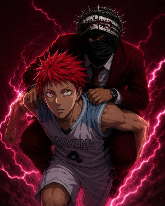 An intense anime-style image featuring a red-haired basketball player in a 'RAKUZAN 4' jersey being supported by a masked figure in a red suit and crown of thorns, surrounded by pink lightning.