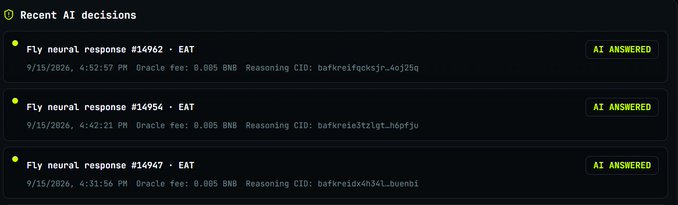 A dark-themed dashboard section titled 'Recent AI decisions' lists three 'Fly neural response' entries with timestamps, reasoning CIDs, and 'AI ANSWERED' status badges.