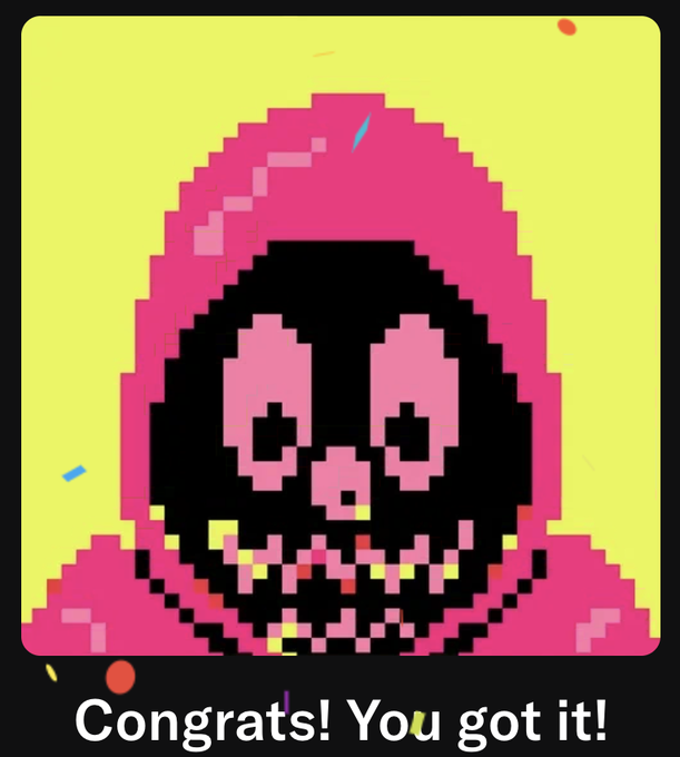 A pixel-art style image of a pink, hooded character with a wide, toothy grin, accompanied by the text 'Congrats! You got it!' at the bottom.