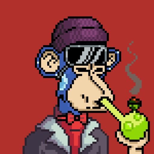Pixel art of a cool monkey character wearing sunglasses, a purple beanie, a blue suit, and a red tie, smoking a green hookah against a red background.