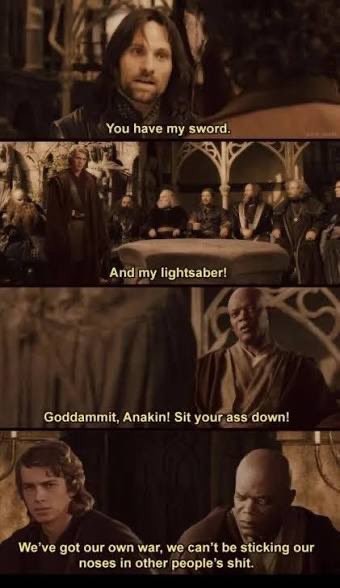 A four-panel meme combining Star Wars and Pirates of the Caribbean where Aragorn declares "You have my sword" and Jack Sparrow adds "And my lightsaber!" before Mace Windu tells "Anakin! Sit your ass down!"