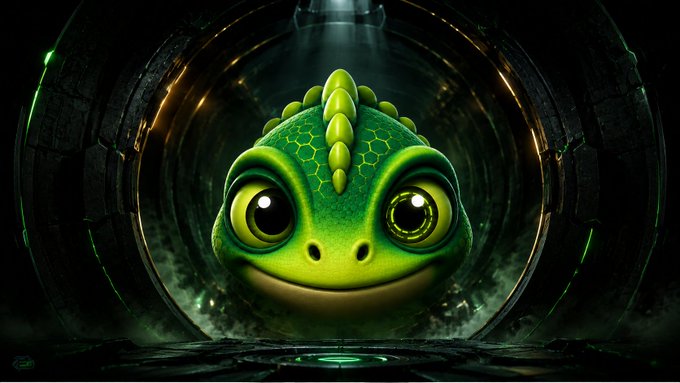 A vibrant green chameleon with large, glossy eyes peers forward from within a dark, futuristic tunnel illuminated by glowing green light. The creature's alert, watchful expression mirrors the post's theme of silent anticipation, symbolizing the stealthy evolution and upcoming reveal of the $LOXI project.