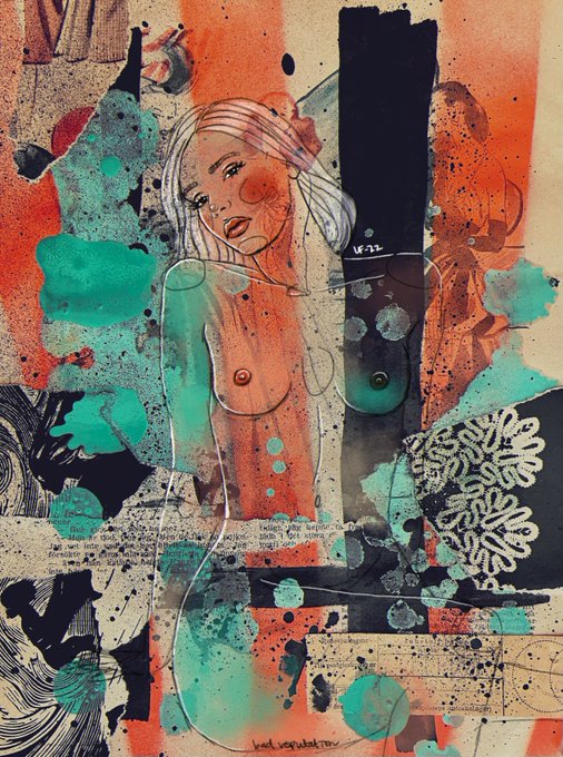 An abstract mixed-media collage featuring a stylized female figure with red cheeks amid torn paper fragments, teal splatters, coral stripes, and floral motifs in orange, black, and turquoise.