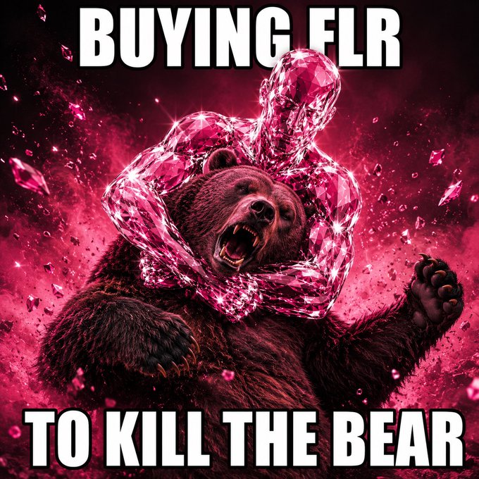 A meme-style image with bold white text reading 'BUYING FLR TO KILL THE BEAR,' depicting a pink crystalline humanoid figure grappling with a roaring brown bear against a pink shattered background.