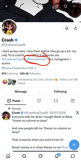 The image shows the Twitter/X profile of "Crash" (@CrashiusClay69) with 875 Following and 295.5K Followers, whose pinned tweet mentions buying "Brett on Base" before volume grew on the network. The accompanying post frames this as evidence that Crash's next alt pick ($Chonketha) is primed for similar breakout growth when its "no volume" phase ends, comparing Base's early days to a new animal meme launchpad.