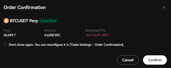 The image shows a cryptocurrency trading order confirmation dialog for closing a BTCUSDT Perp short position, displaying a price of 65,059.7, an amount of 0.6200 BTC, and an estimated PnL of -667.8639 USDT. This corresponds directly to the post, confirming the $667 realized loss on closing the BTC short trade as mentioned.