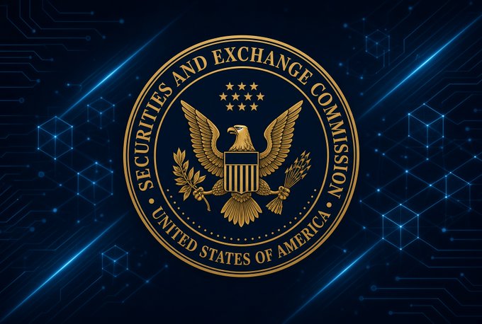 The image displays the official gold seal of the U.S. Securities and Exchange Commission set against a dark blue background with circuit-like digital patterns, visually reinforcing the article's theme of regulatory developments at the intersection of traditional finance and cryptocurrency. The seal's text reads "SECURITIES AND EXCHANGE COMMISSION" and "UNITED STATES OF AMERICA," framing the proposed custody rule changes for crypto advisers as a significant regulatory action by the agency.