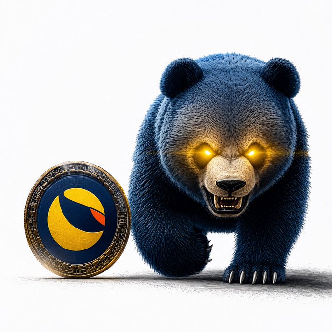 An AI-generated image shows a snarling blue bear with glowing yellow eyes standing next to a gold and black coin bearing the Terra (LUNA) cryptocurrency logo.